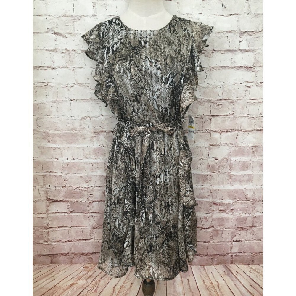 BAR III Womens Sheer Dress Snake Print Flutter Sleeve Tie Waist Size Medium NEW